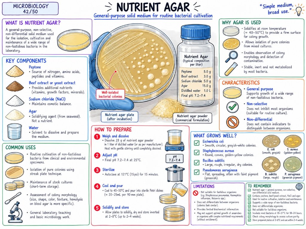 Nutrient Agar โ General-purpose solid medium for routine bacterial cultivation